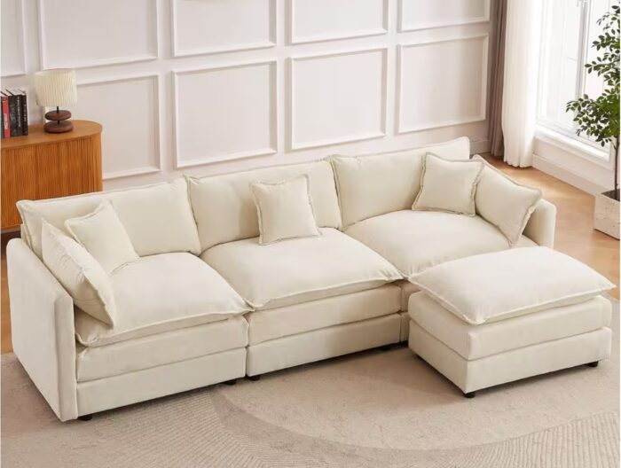 112.2 in. Square Arm L-Shaped Chenille Deluxe Pillow-Styled Modular Sectional Sofa in. Beige with 1 Ottoman