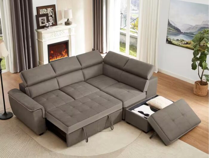 101.97 in. W Slope Arm Brown L Shaped Polyester Full Size Sofa Bed with Storage