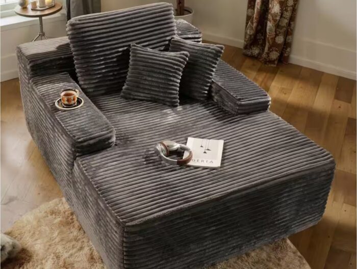 JOJO 67 in. Wide Square Arm Plush Corduroy Modern Rectangle Lazy Sofa Chaise with Pillows in Gray for Living Room